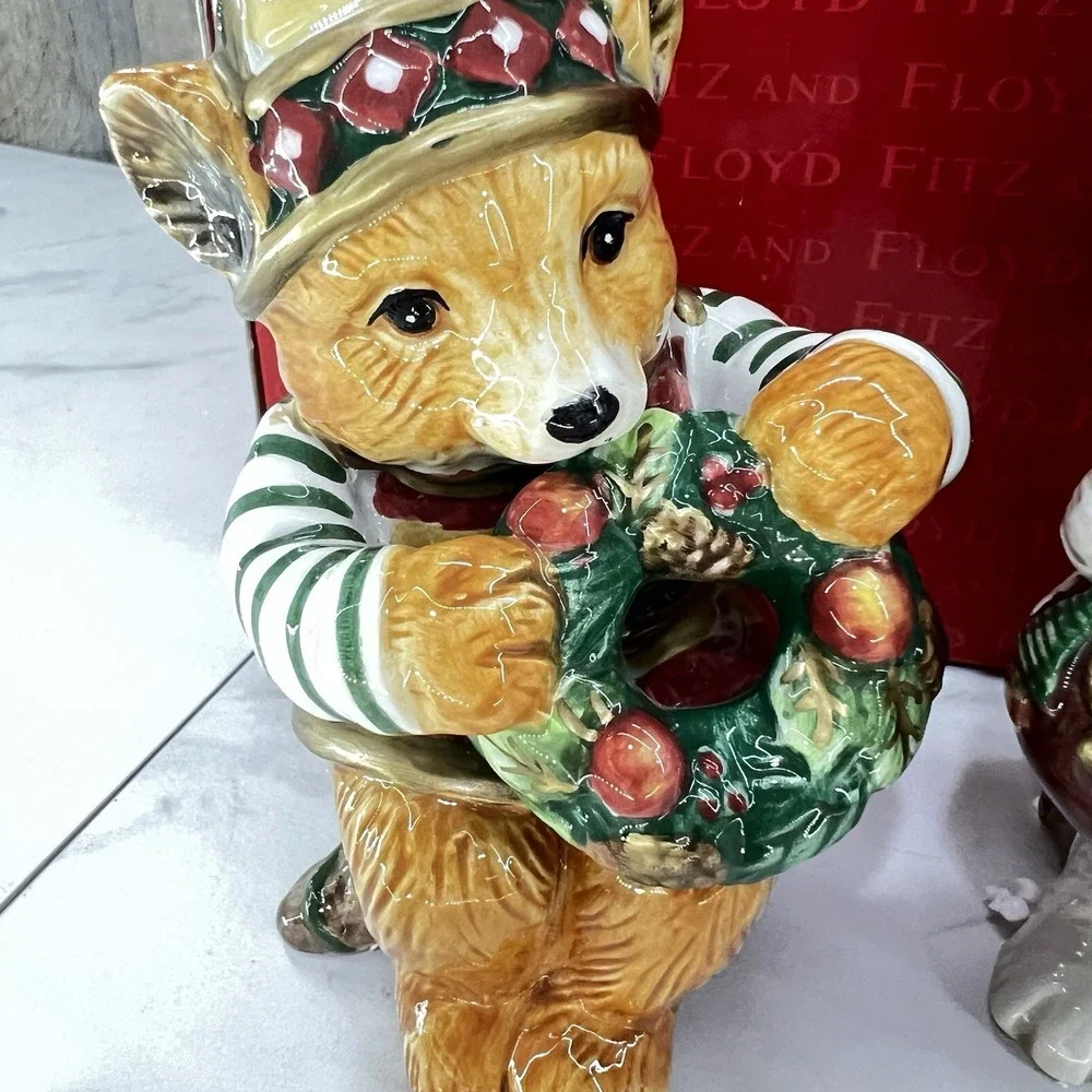 Vtg Fitz & Floyd Salt Pepper Shaker Christmas Lodge Bear Bunny Large 2001 W/ Box